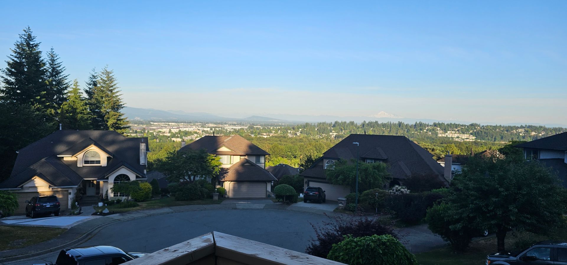 An elevated view of a quiet suburban cul-de-sac with several houses surrounded by trees, overlooking a distant valley.