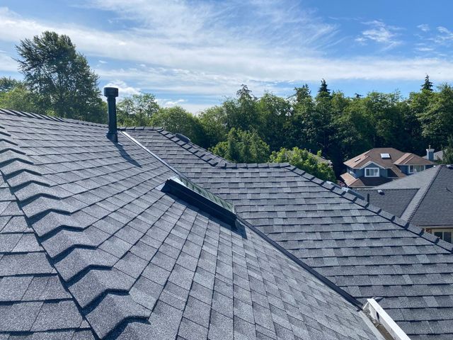 Grey shingle roof with a ridge, vent pipe and surrounding trees