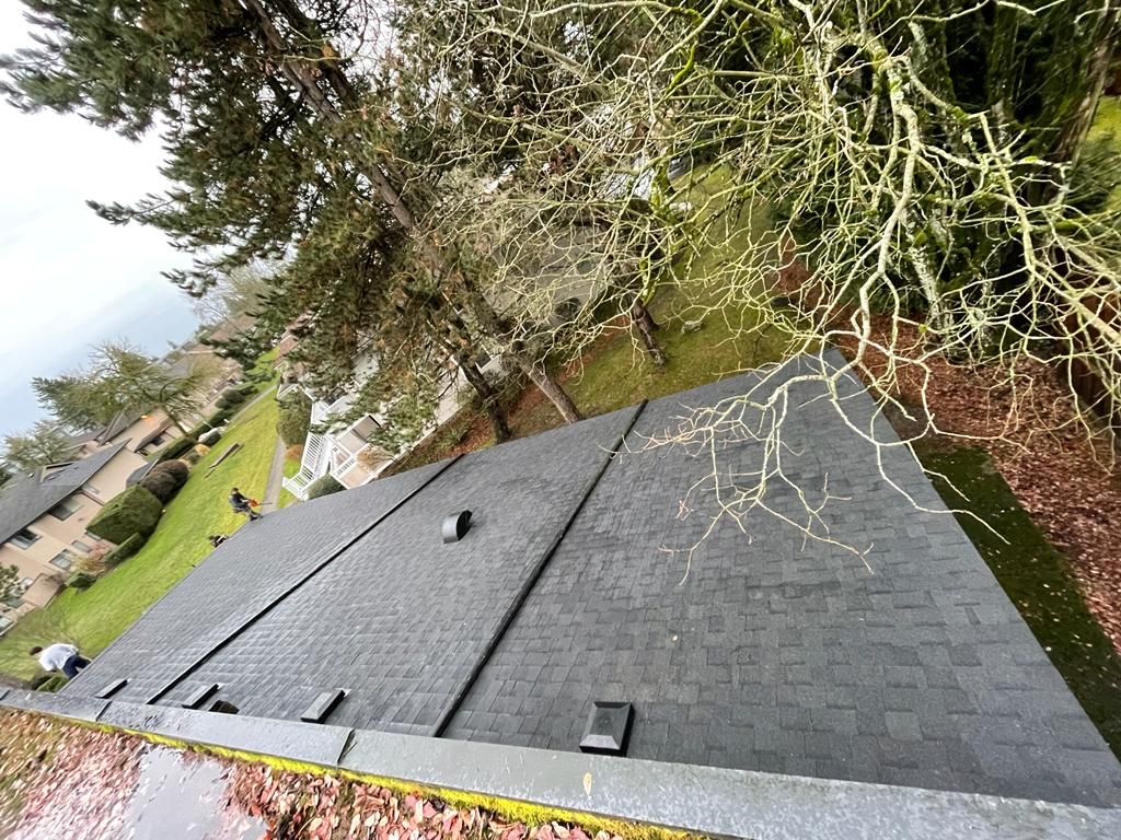 A high-angle view of a dark, shingled roof with several vents, overlooking a grassy yard, trees, and distant houses.