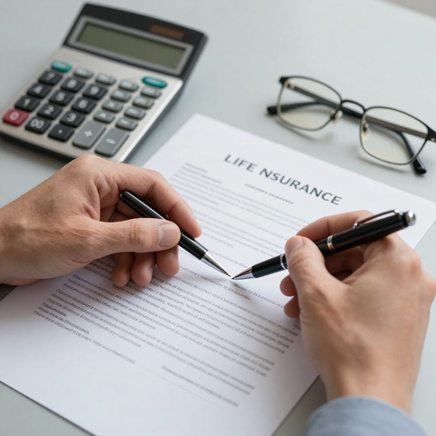 Hands holding two pens, pointing to a document titled 