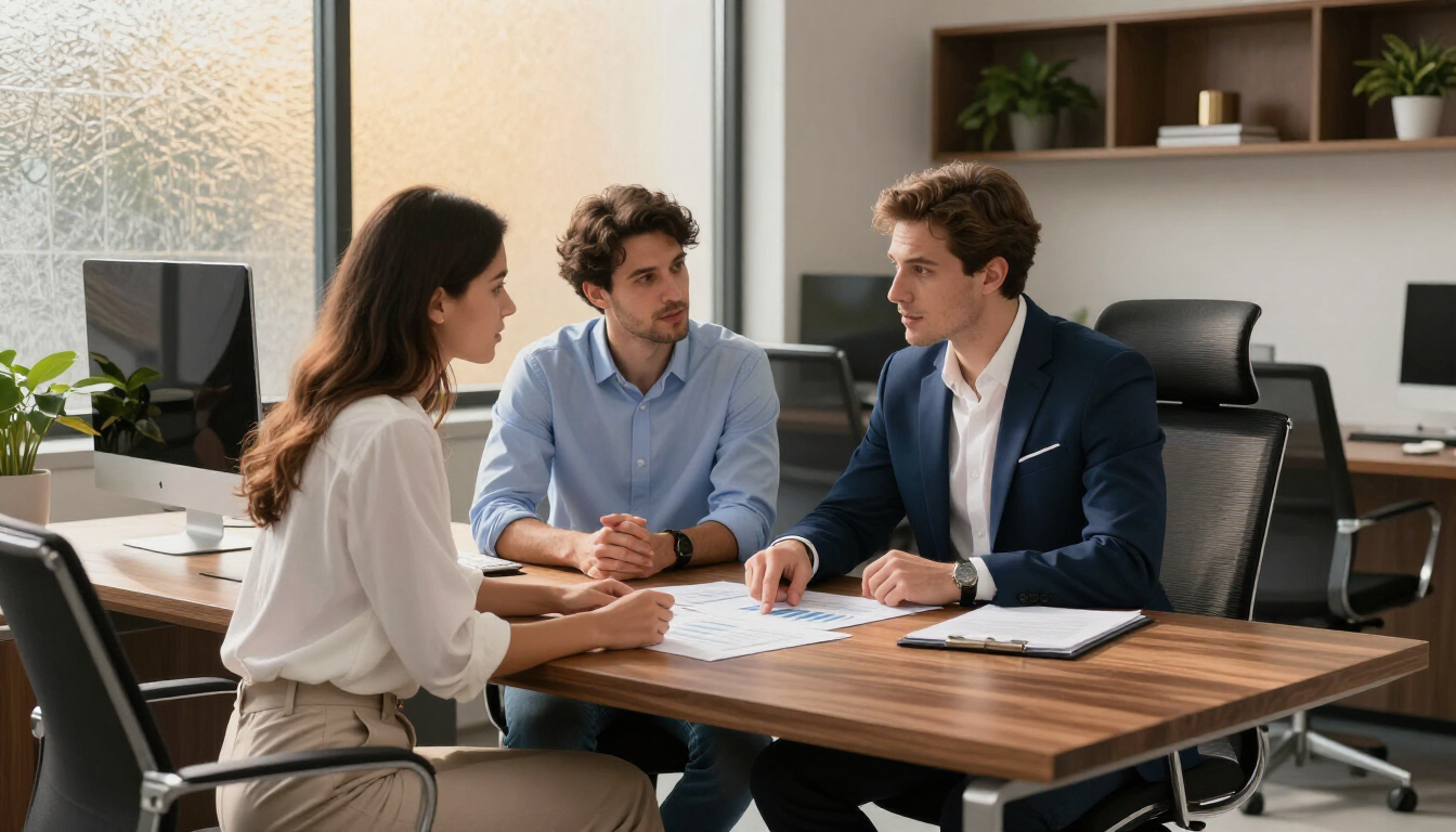 photorealistic modern office setting with a financial advisor discussing documents with a young couple warm lighting professional atmosphere