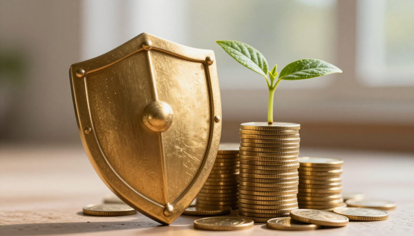 photorealistic conceptual image of a golden shield protecting a stack of coins and a small green sprout symbolizing financial security and growth