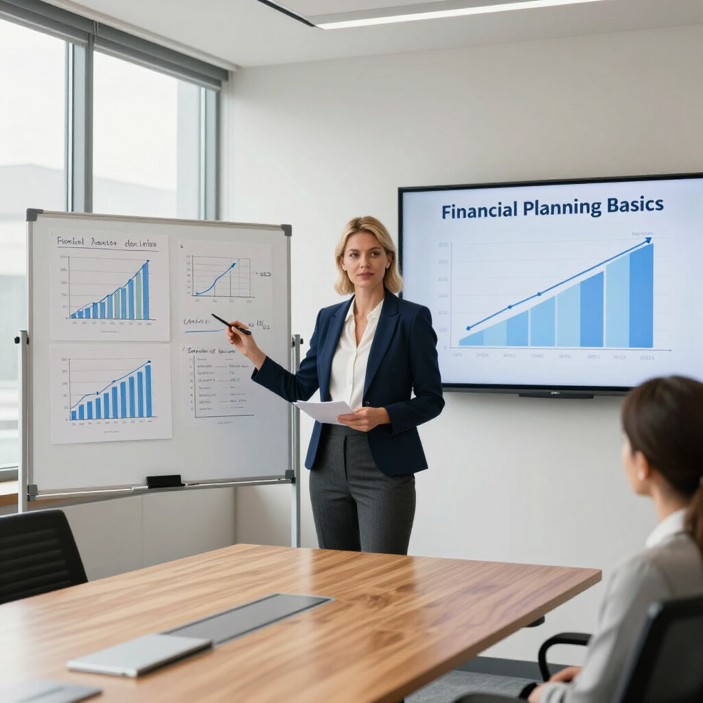 A professional presenting on financial planning with charts on a whiteboard and a large screen in a meeting room.