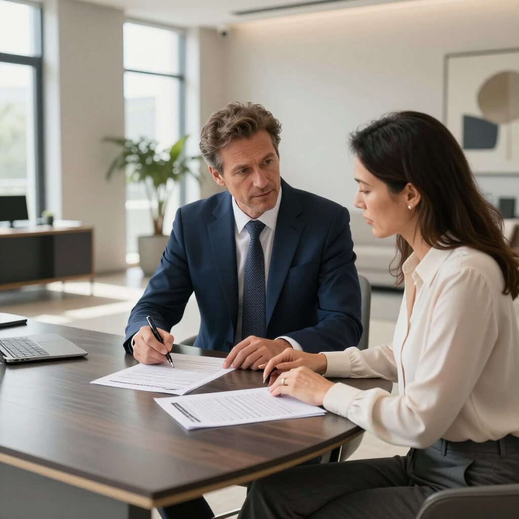 A professional man and woman review documents together at a desk in a bright, modern office.