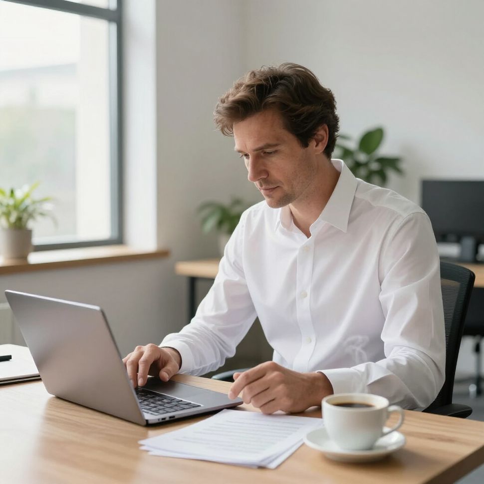 A person in a white button-down shirt types on a laptop at a wooden desk with a cup of coffee nearby.