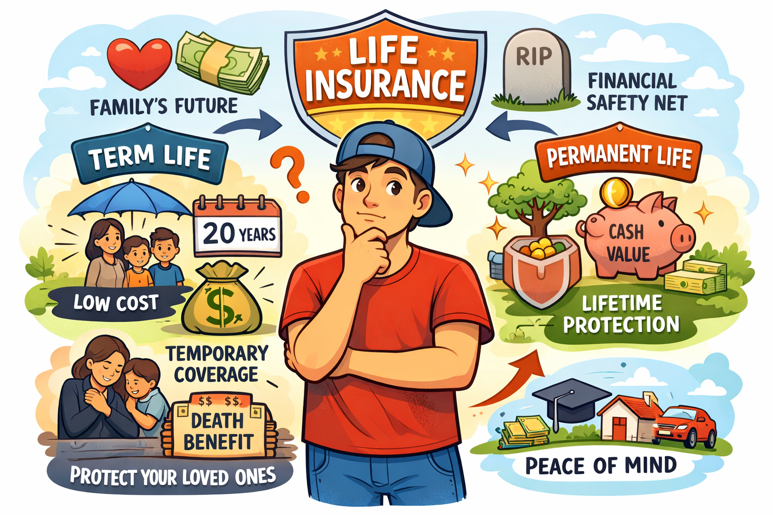 A person considers life insurance options, with diagrams comparing term life's low-cost, temporary coverage to permanent life.