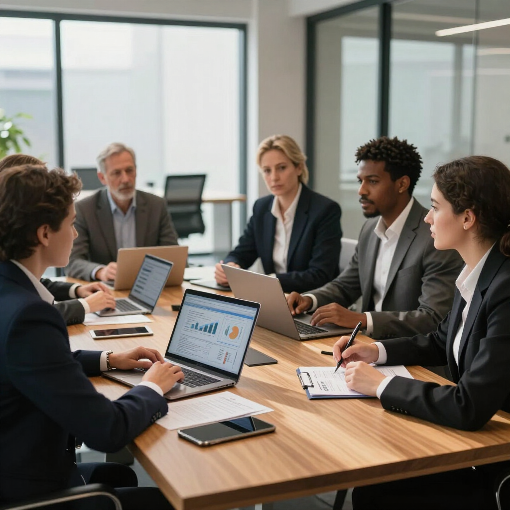 A group of professionals in suits collaborate during a meeting in a modern office, looking at laptops and documents.