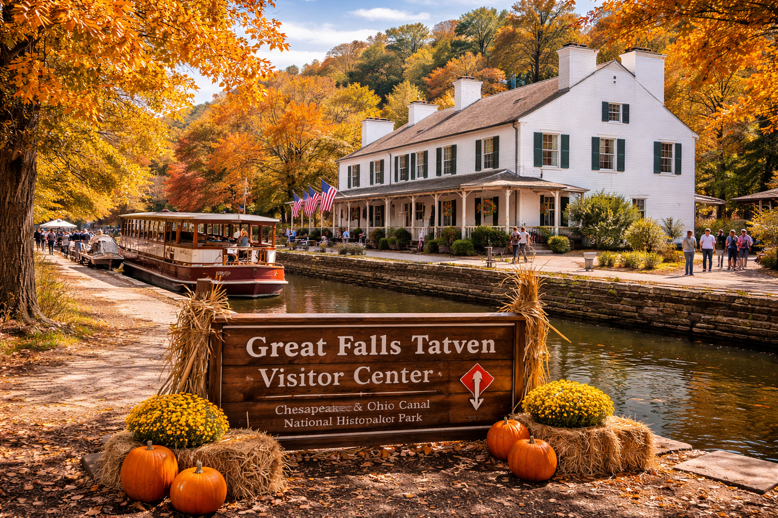 Great Falls Tavern Visitor Center by a canal in autumn, with pumpkins and a wooden sign in front in Potomac