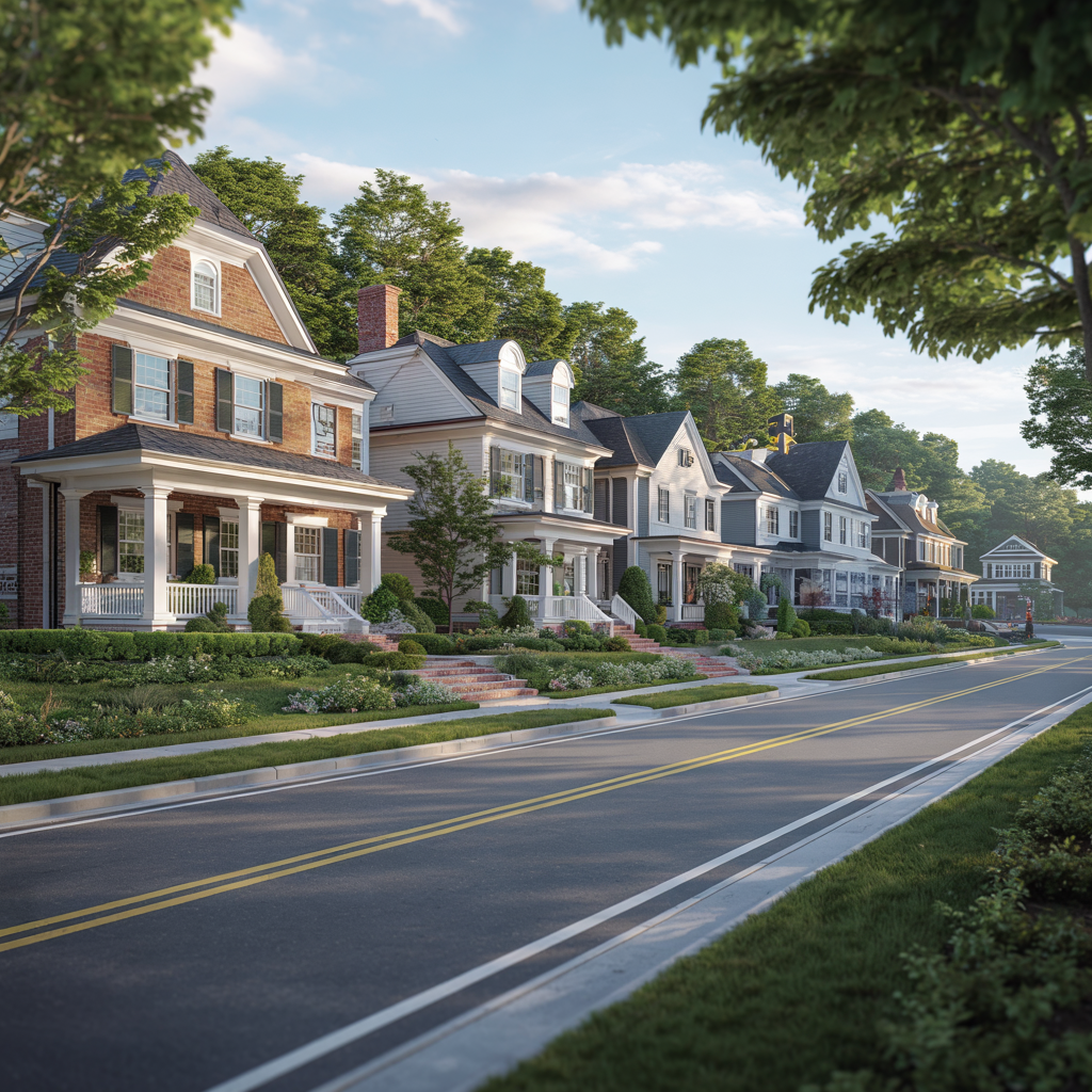 Tree-lined suburban street with elegant houses and a quiet road at dusk in Chevy Chase