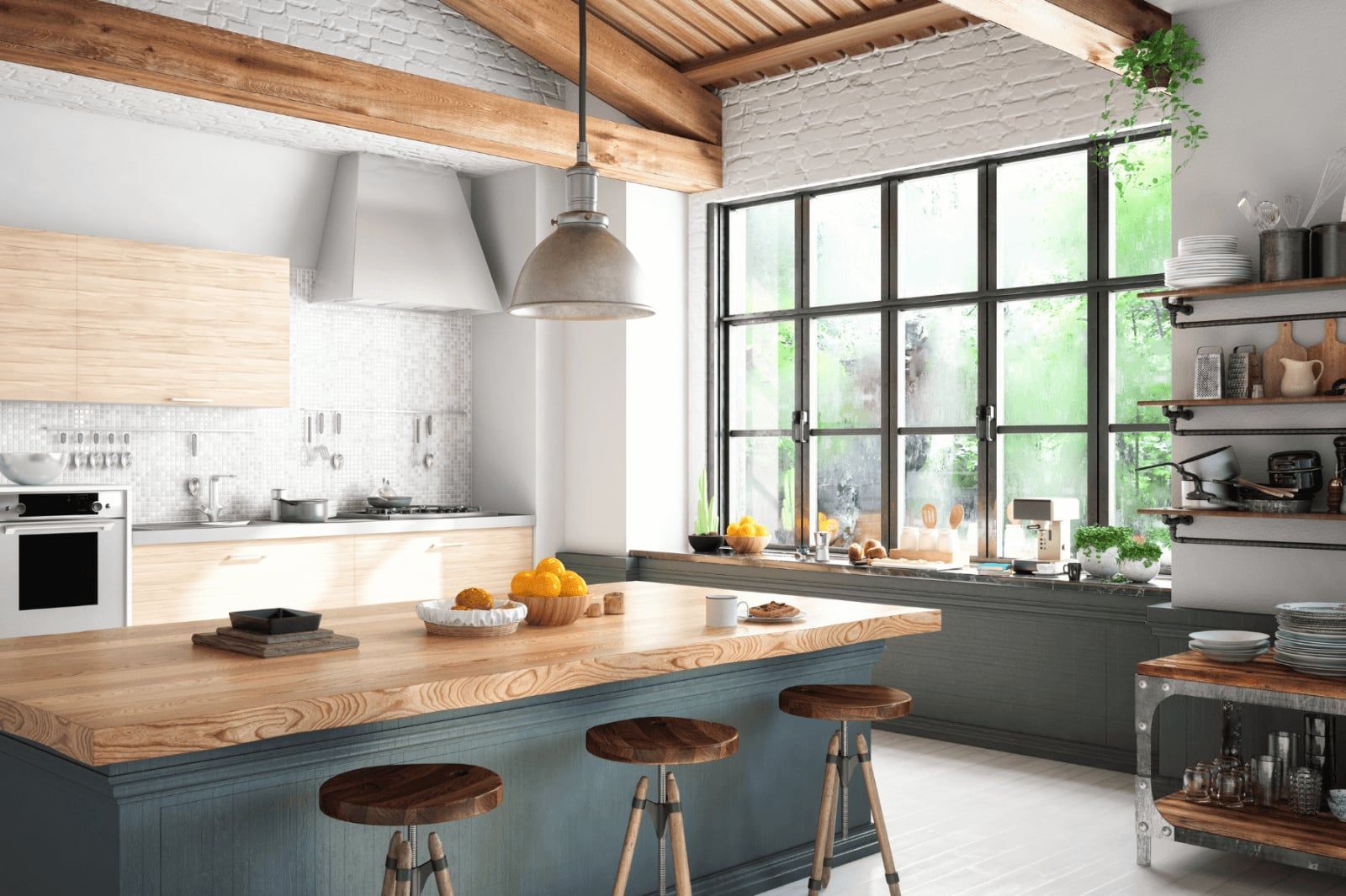 Bright modern kitchen with island, stools, black-framed windows, and potted plants  in Rockville