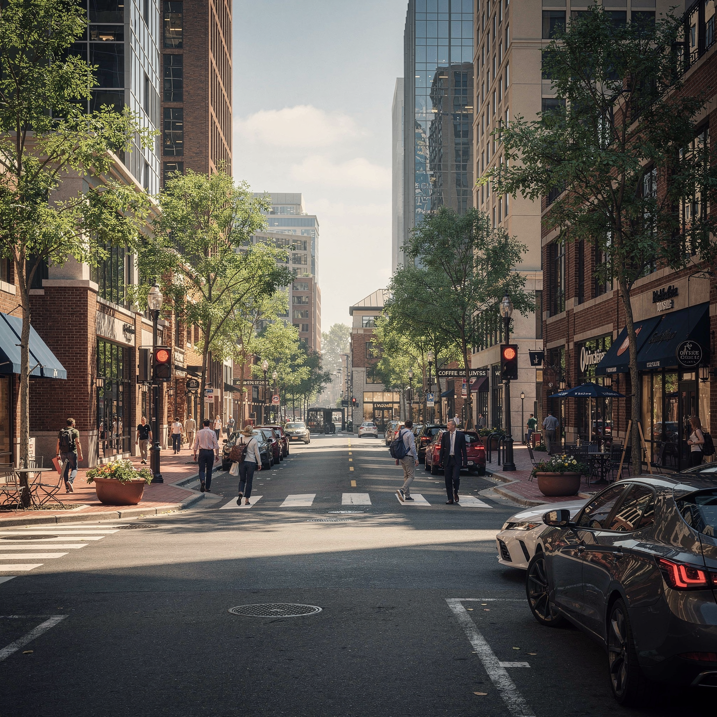 City street lined with brick buildings, trees, pedestrians, and cars under bright daylight in Bethesda