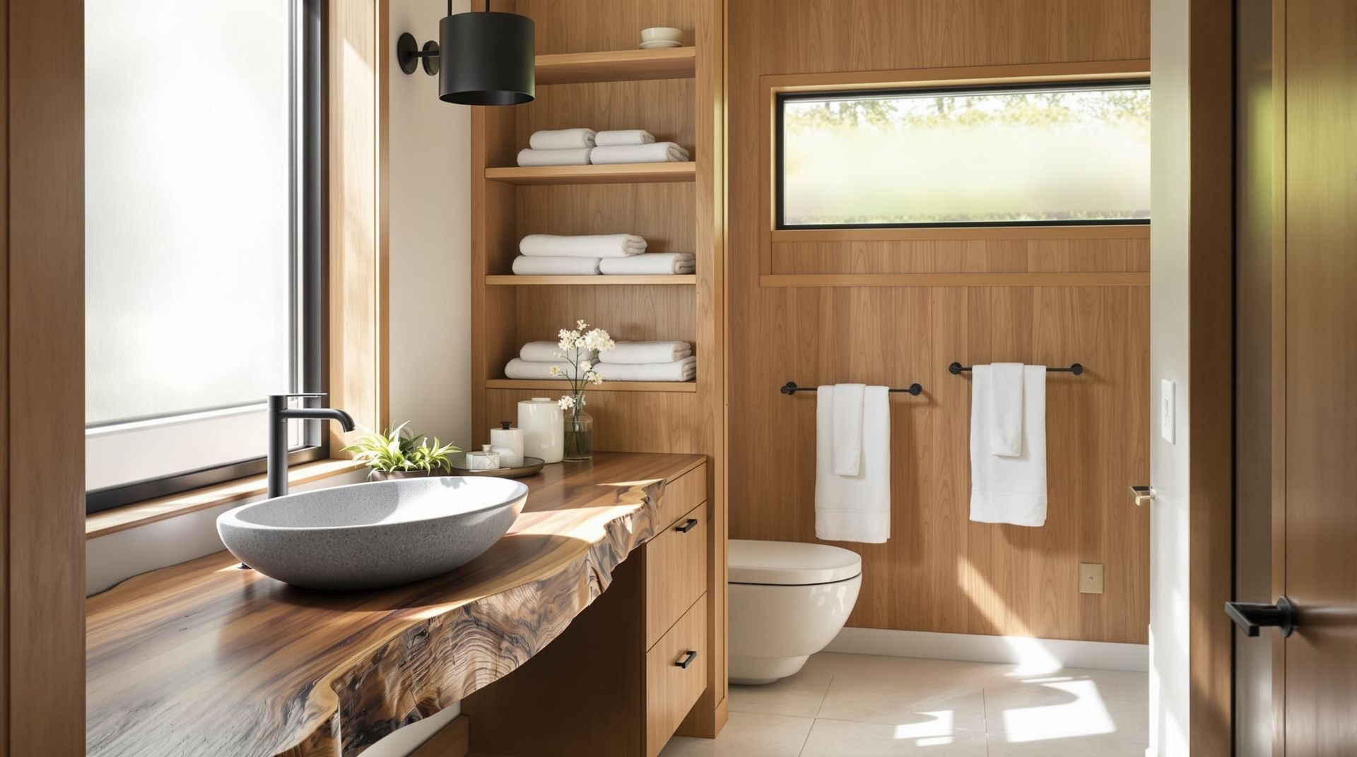 Modern wooden bathroom remodeling with floating vanity, vessel sink, open shelving, and natural lighting design