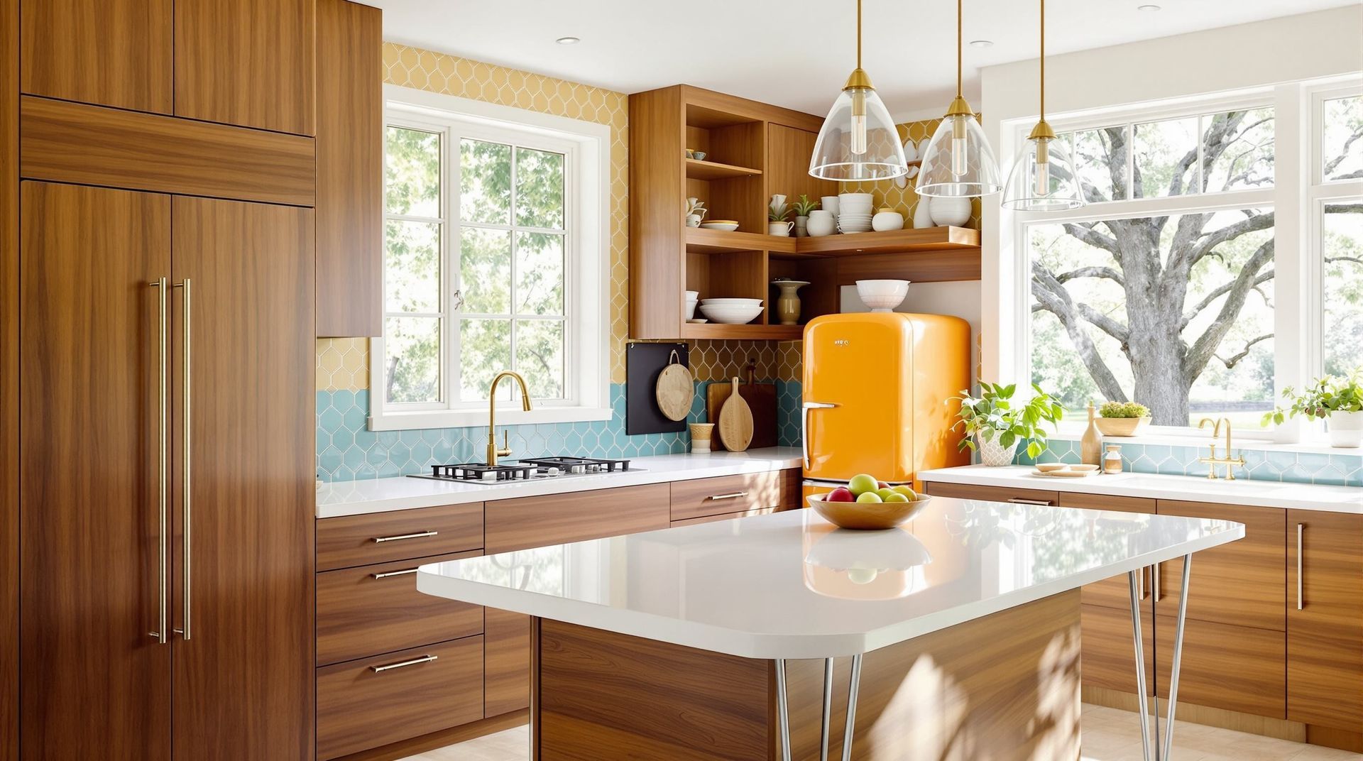 Bright modern kitchen with wooden cabinets, white island, and large windows overlooking trees in Rockville