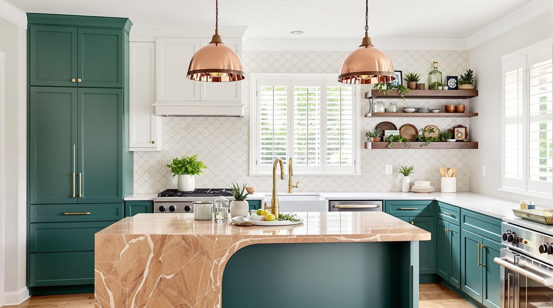 Bright modern kitchen with teal cabinets, marble island, white walls, and copper pendant lights in Rockville