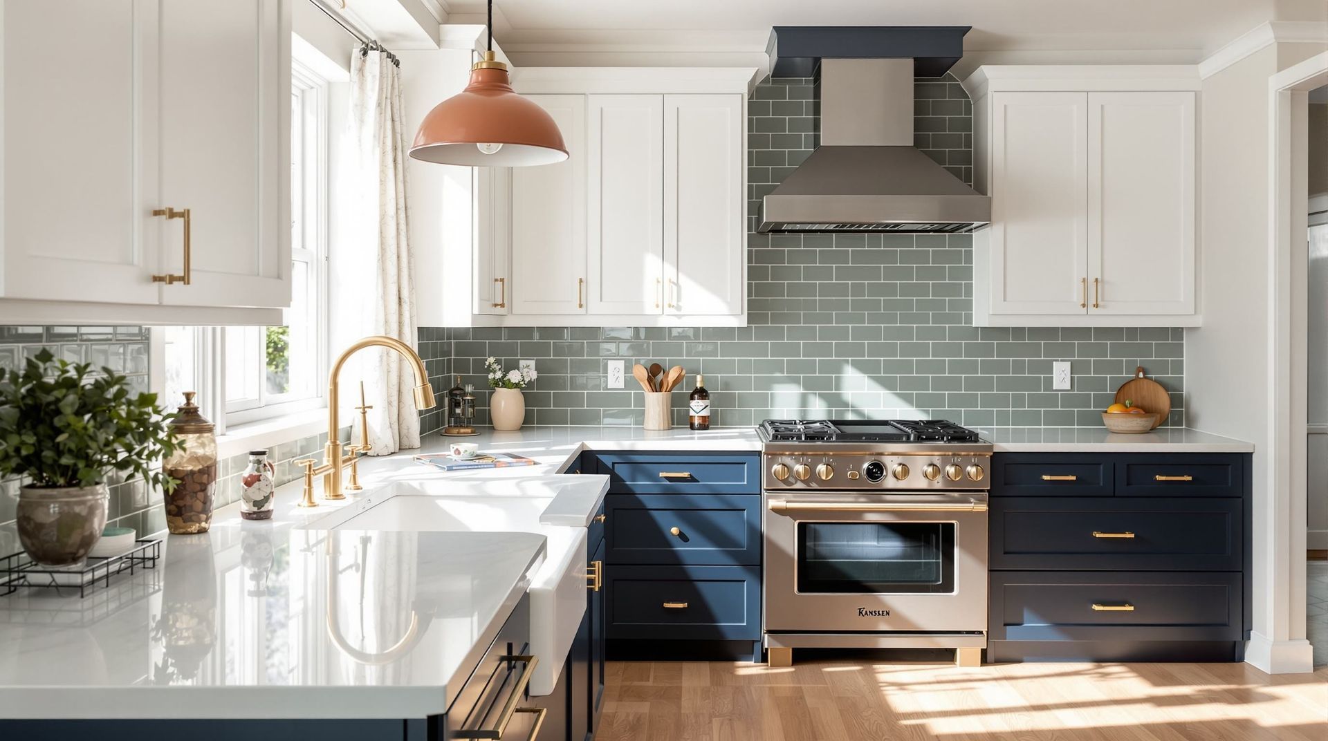 Modern kitchen remodeling design with white cabinets, blue lower cabinets, farmhouse sink, and gold fixtures