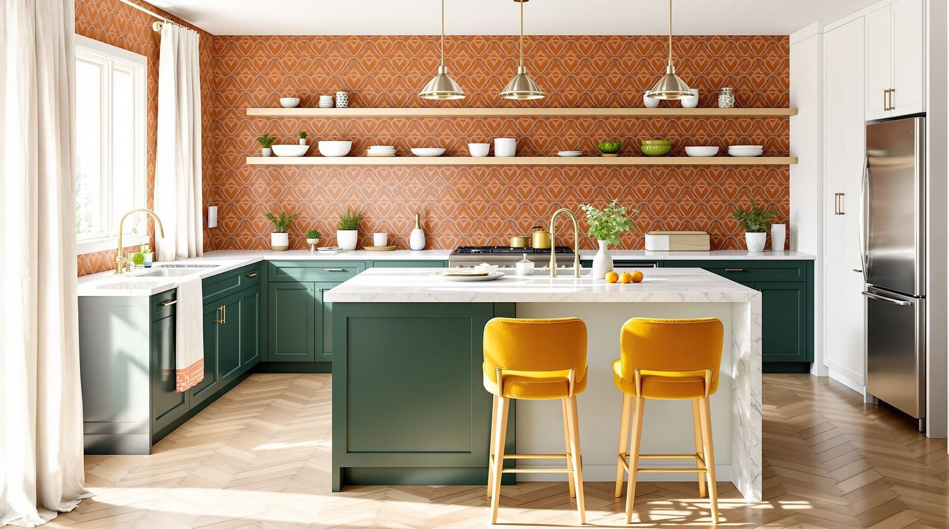 Modern kitchen remodeling with green cabinets, marble island, open shelving, and orange patterned backsplash design