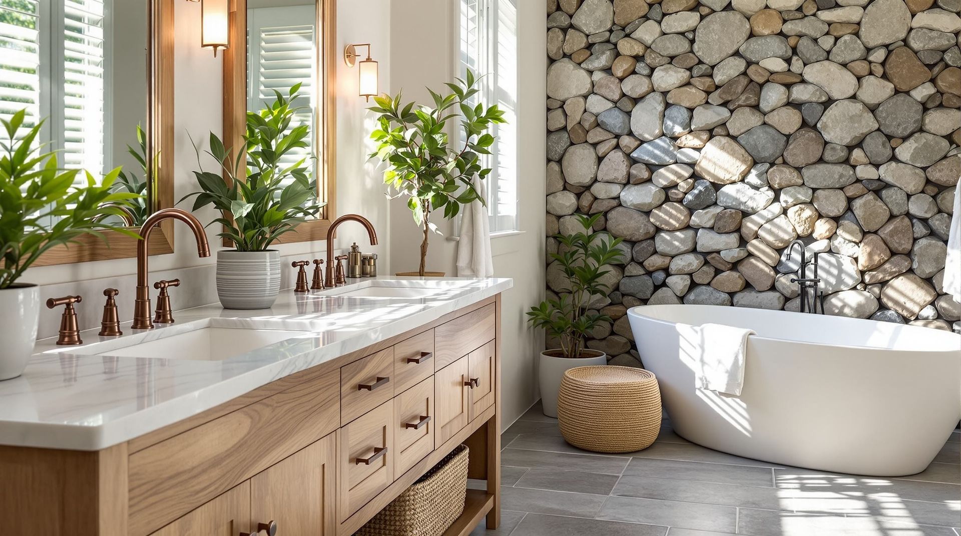 Spa-like bathroom with double vanity, large mirrors, potted plants, and a freestanding tub beside a stone accent wall in Rockville