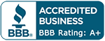 BBB Accredited Business badge with BBB seal and A+ rating on blue and white background in Rockville