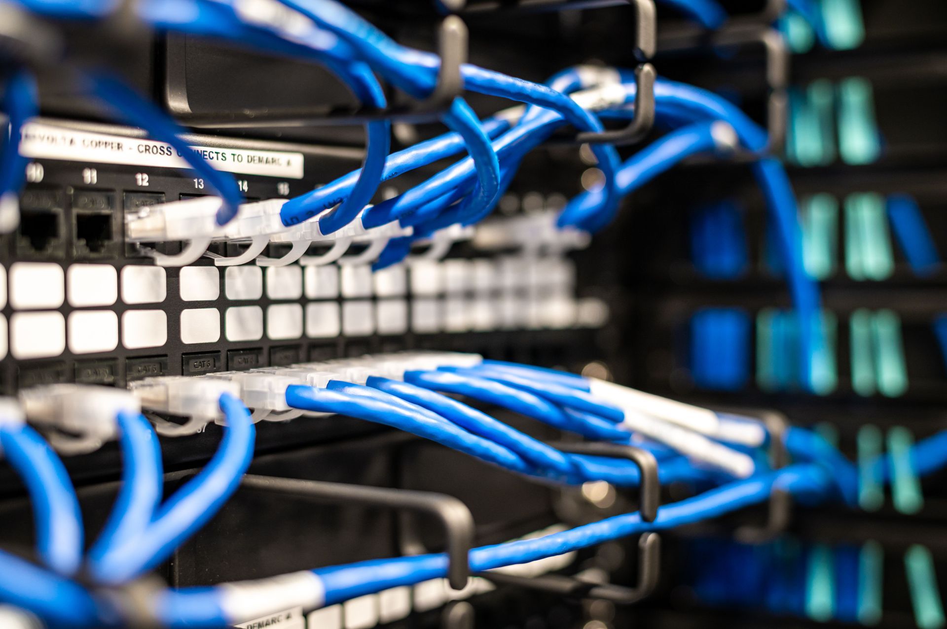 Blue network cables connected to servers in a data center rack