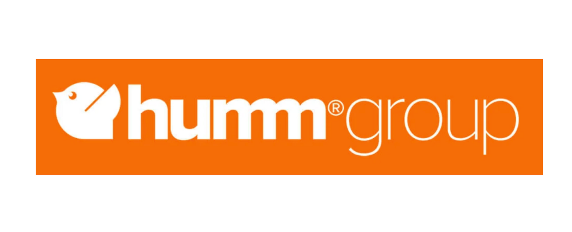 White “humm group” logo on an orange rectangular background
