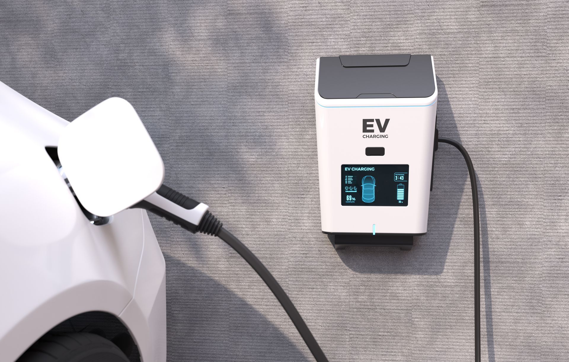 White EV car charging beside a wall-mounted EV charger with a cable plugged in