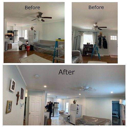 A before and after photo of a living room with a ceiling fan.