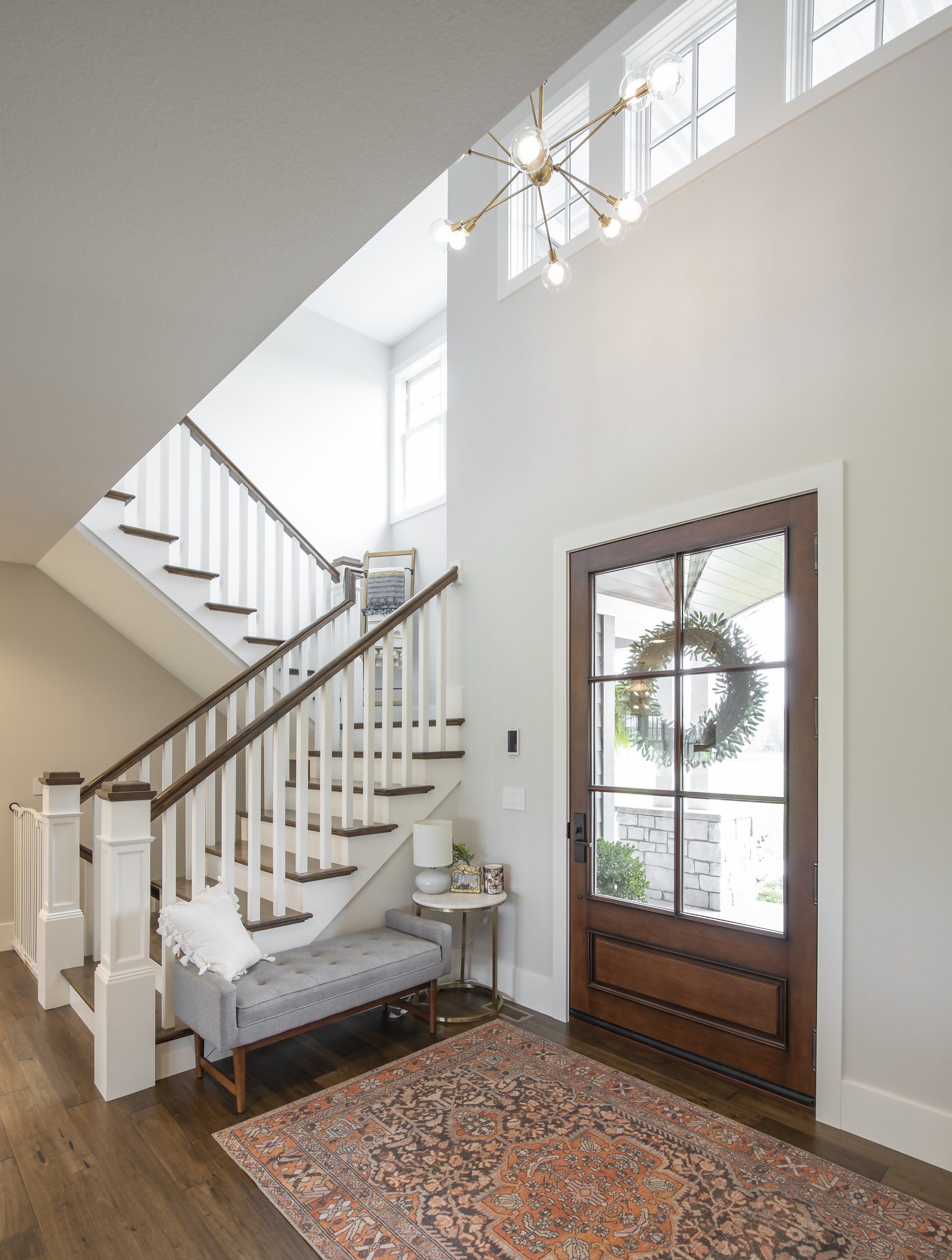 There is a staircase in the middle of the room.