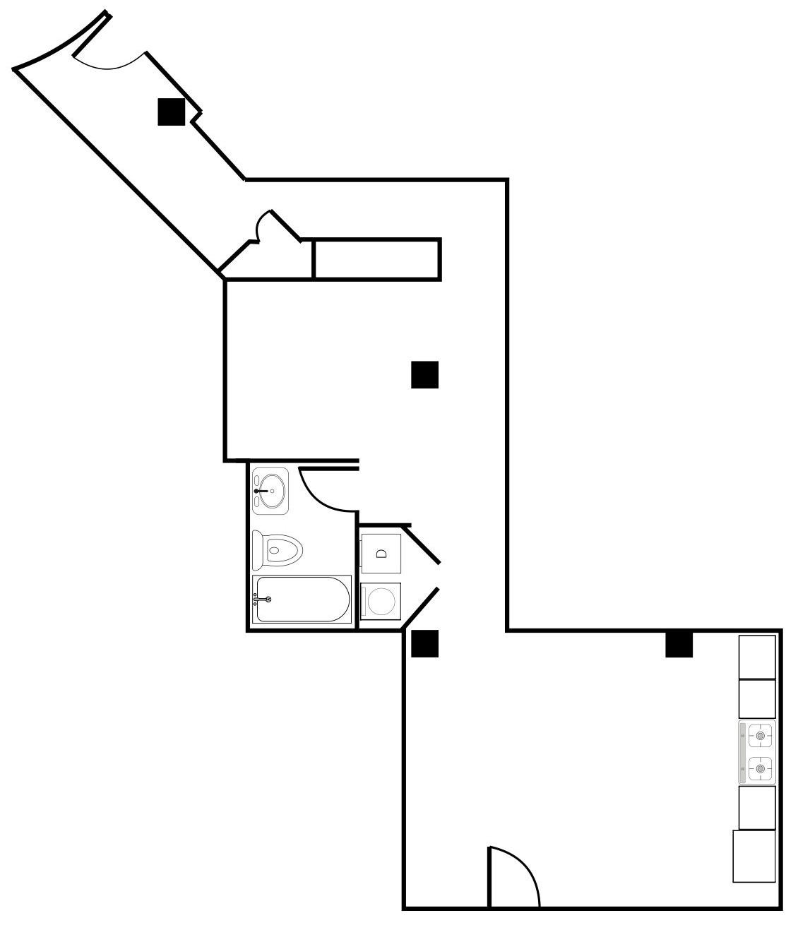 Black-and-white floor plan with multiple rooms, doors, and fixture symbols