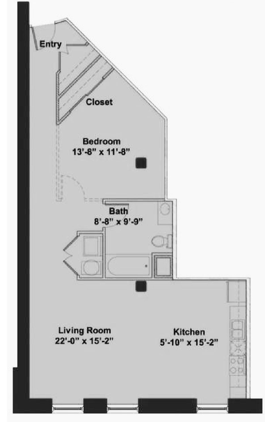 Floor plan of a small apartment with living room, kitchen, bath, bedroom, closet, and entry.