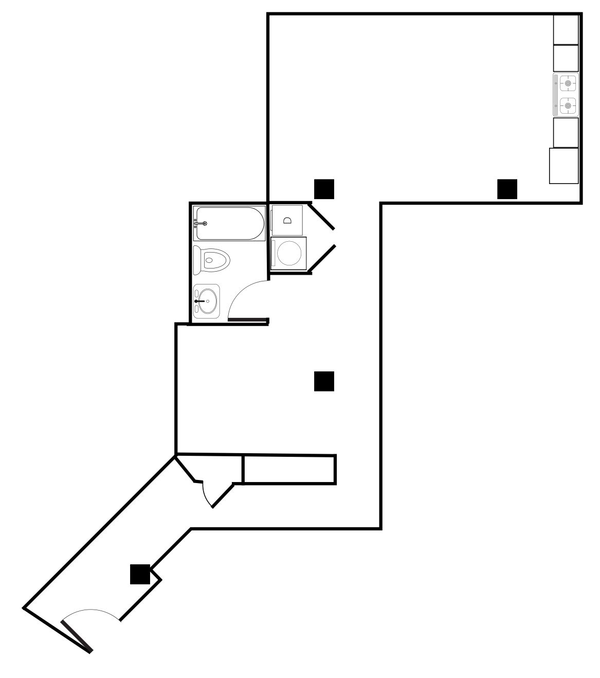 Black-and-white floor plan diagram with rooms, doors, and markers.