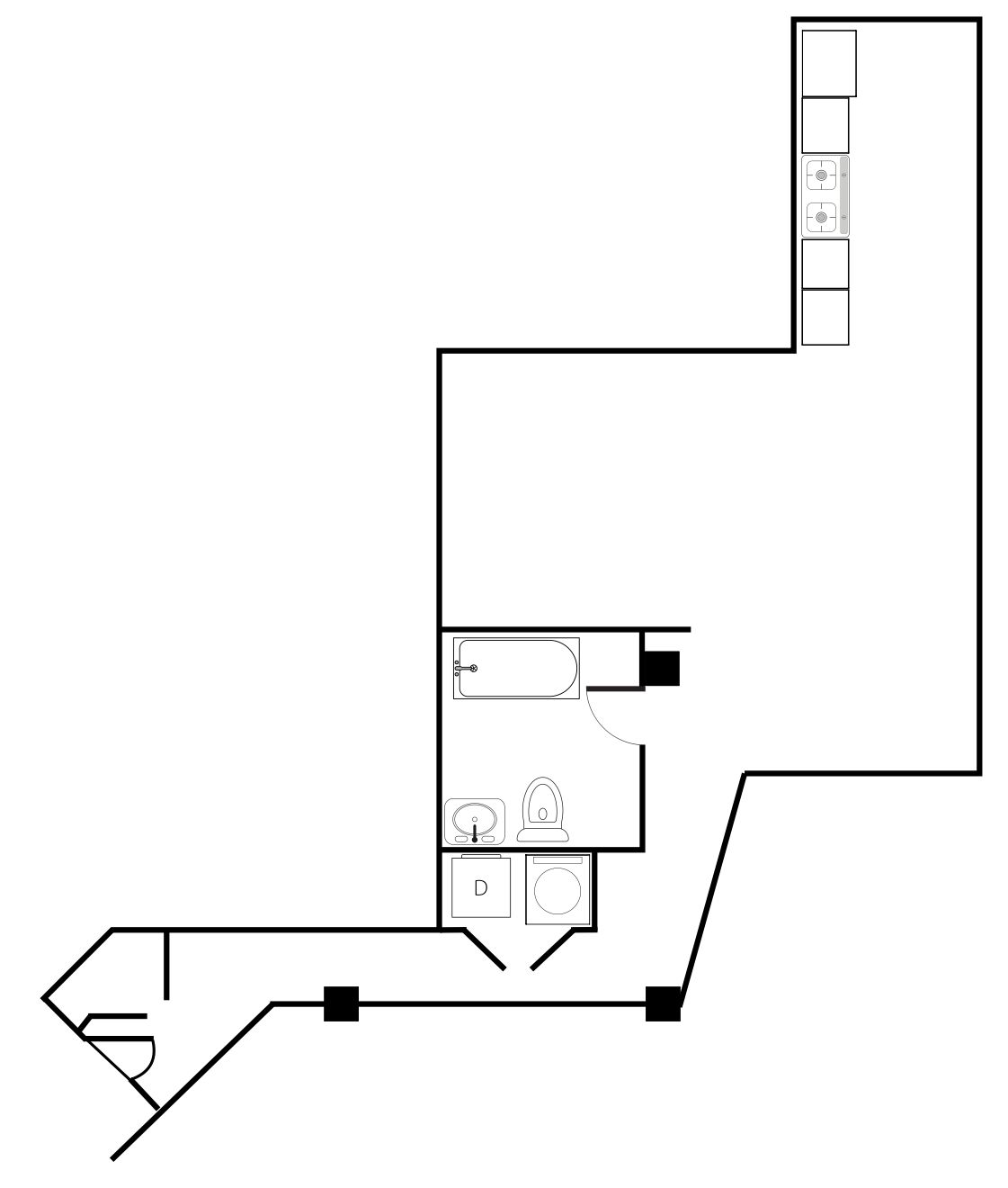 Black-and-white floor plan with rooms, doors, and a few marked squares and symbols.