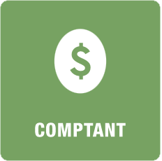 Un bouton vert avec un signe dollar dans un cercle blanc et le mot comptant.