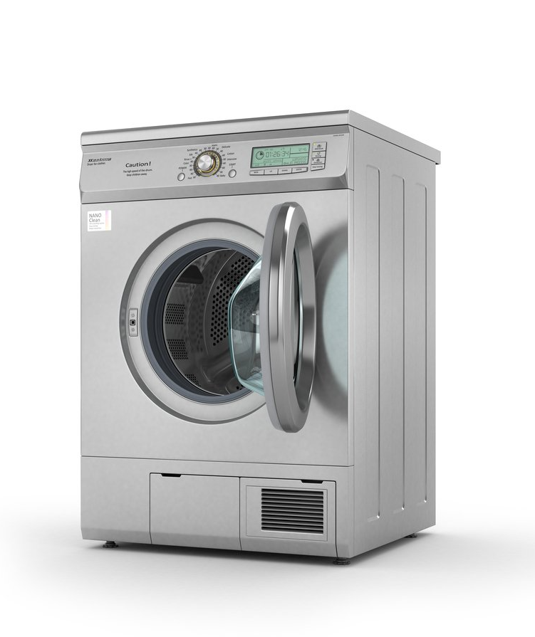 Une machine à laver en acier inoxydable avec sa porte ouverte sur un fond blanc.