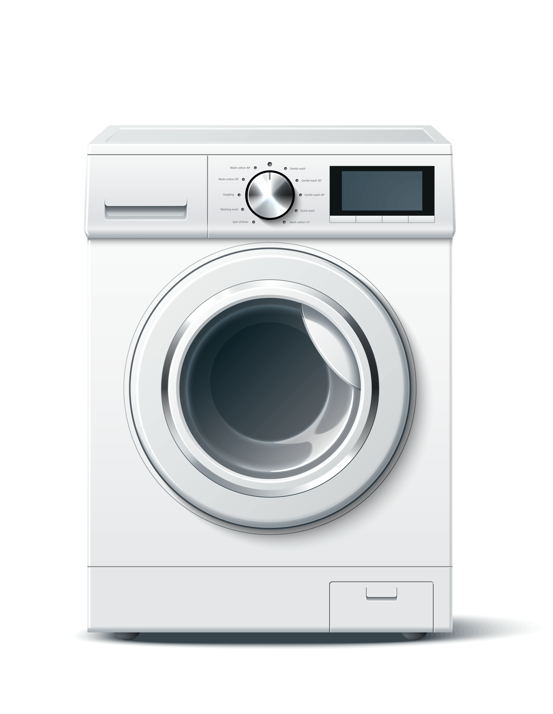 Une machine à laver blanche avec un affichage numérique sur fond blanc.