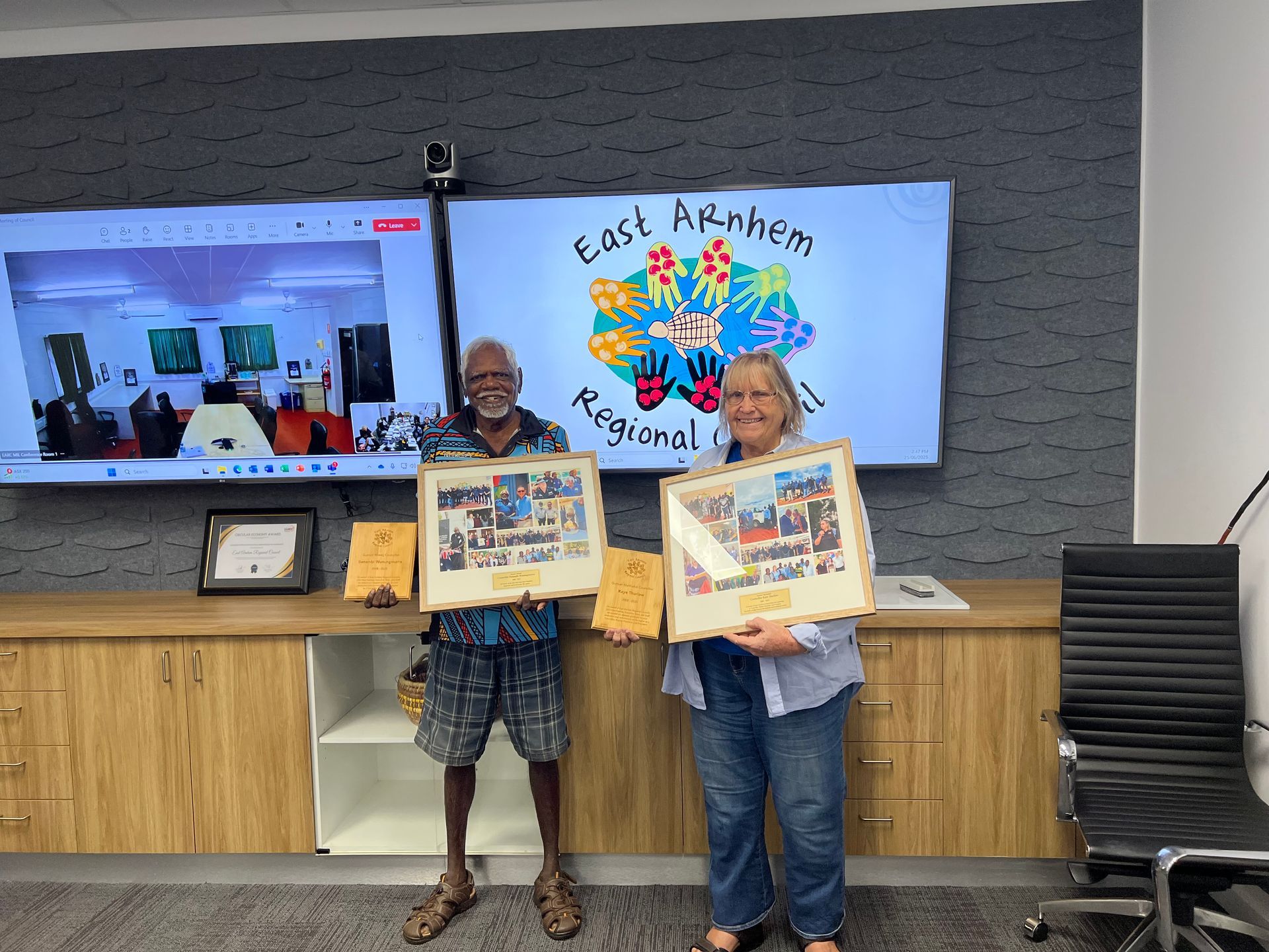 Two people holding photoframes