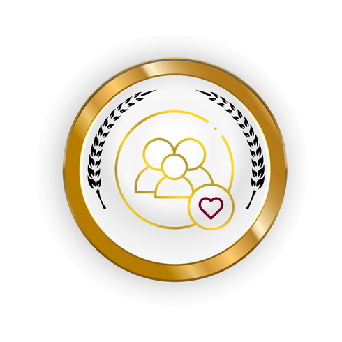 Gold circular emblem with outlined group icon and small heart badge, flanked by laurel leaves.