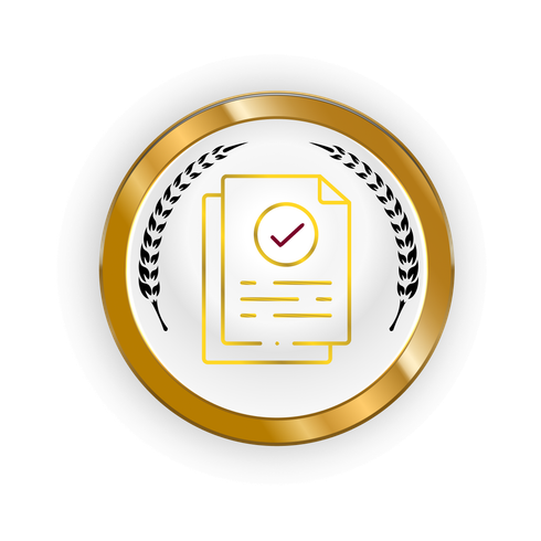Gold certification badge with laurel wreath and a document with a checkmark in the center