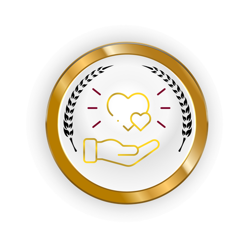 Gold circular badge with an outlined hand holding hearts, framed by black laurel branches