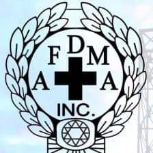 Black-and-white FDMA INC. emblem with laurel wreath and cross in center