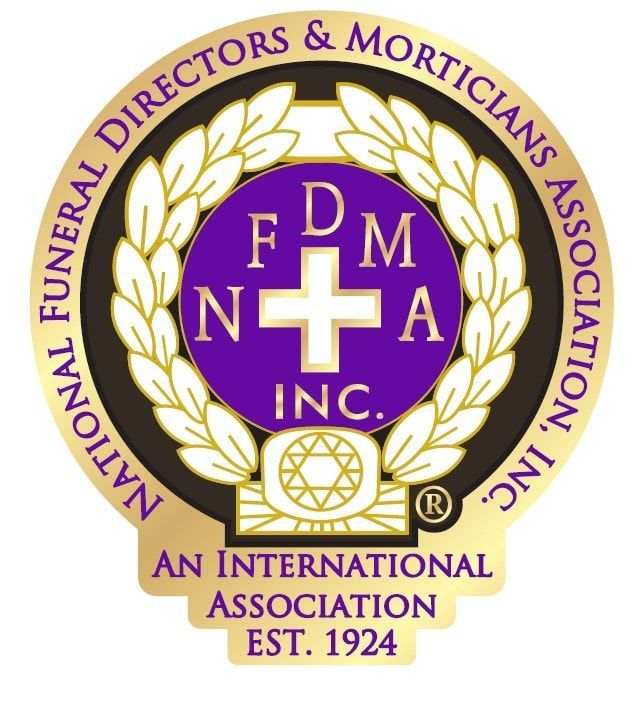 National Funeral Directors & Morticians Association Inc. circular emblem in purple and gold with cross and laurel wreath