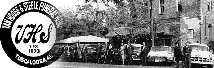 Black-and-white vintage banner with circular Tuscaloosa logo and row of parked cars on a tree-lined street