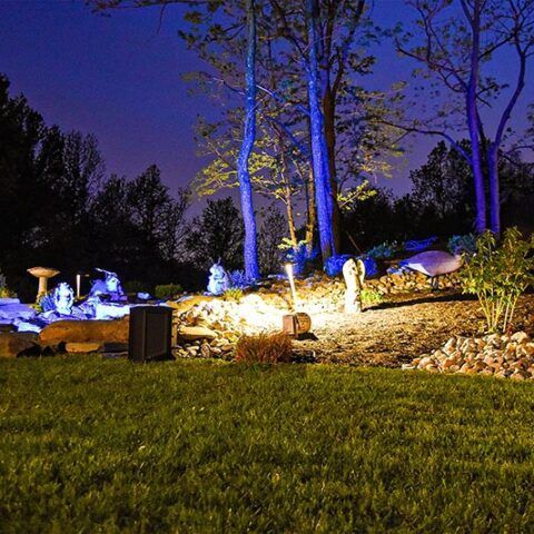Backyard garden lit with blue and yellow lights at night, with trees and rocks.