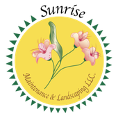 Sunrise Maintenance & Landscaping LLC logo with pink flowers and green border on yellow background