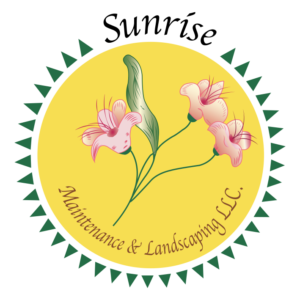 Sunrise Maintenance & Landscaping LLC logo with pink flowers and green border on yellow background