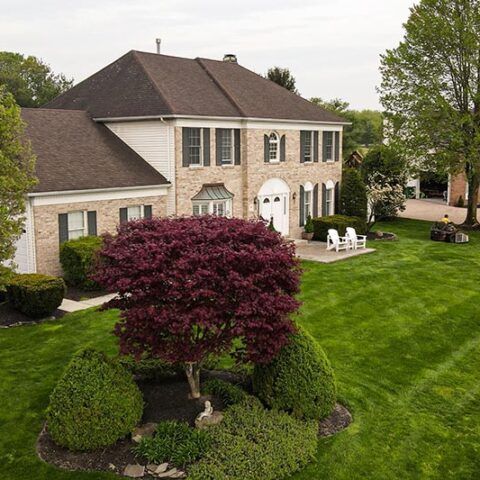 Large two-story suburban house with manicured lawn, sculpted bushes, and a red-purple ornamental tree