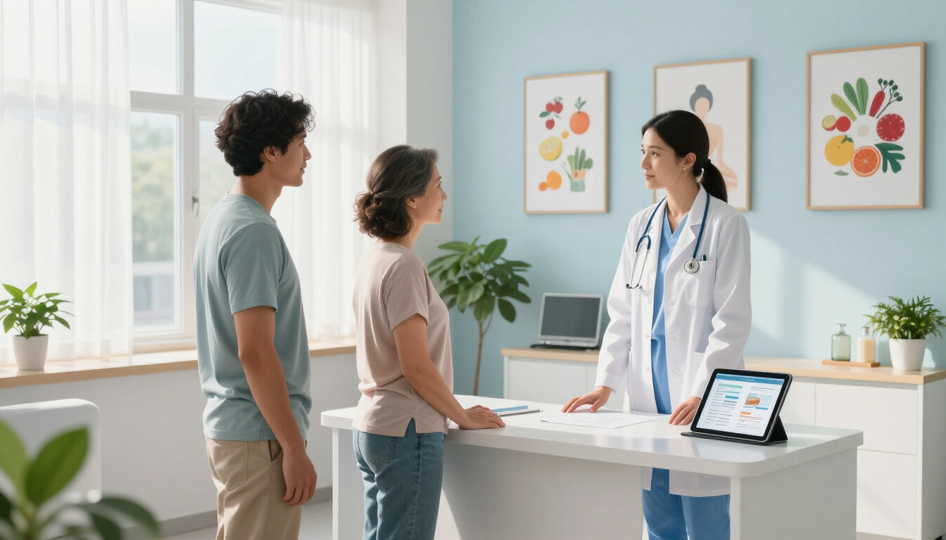 Patient and doctor talking at a bright clinic reception desk with a laptop and medical charts on the wall Patient and doctor talking at a bright clinic reception desk with a laptop and medical charts on the wall