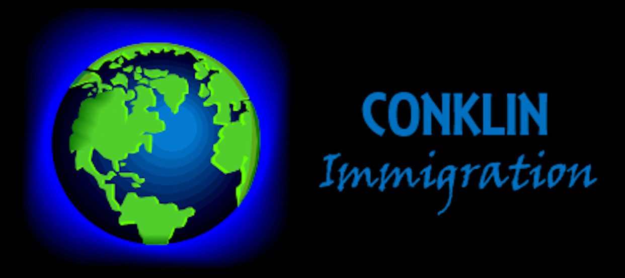 A logo for conklin immigration with a green globe