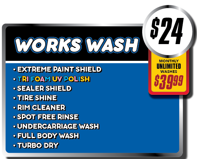 A sign that says works wash for $ 24