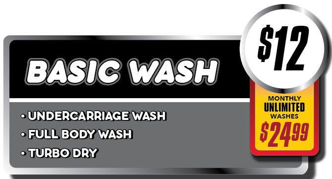 A sign that says basic wash undercarriage wash full body wash turbo dry