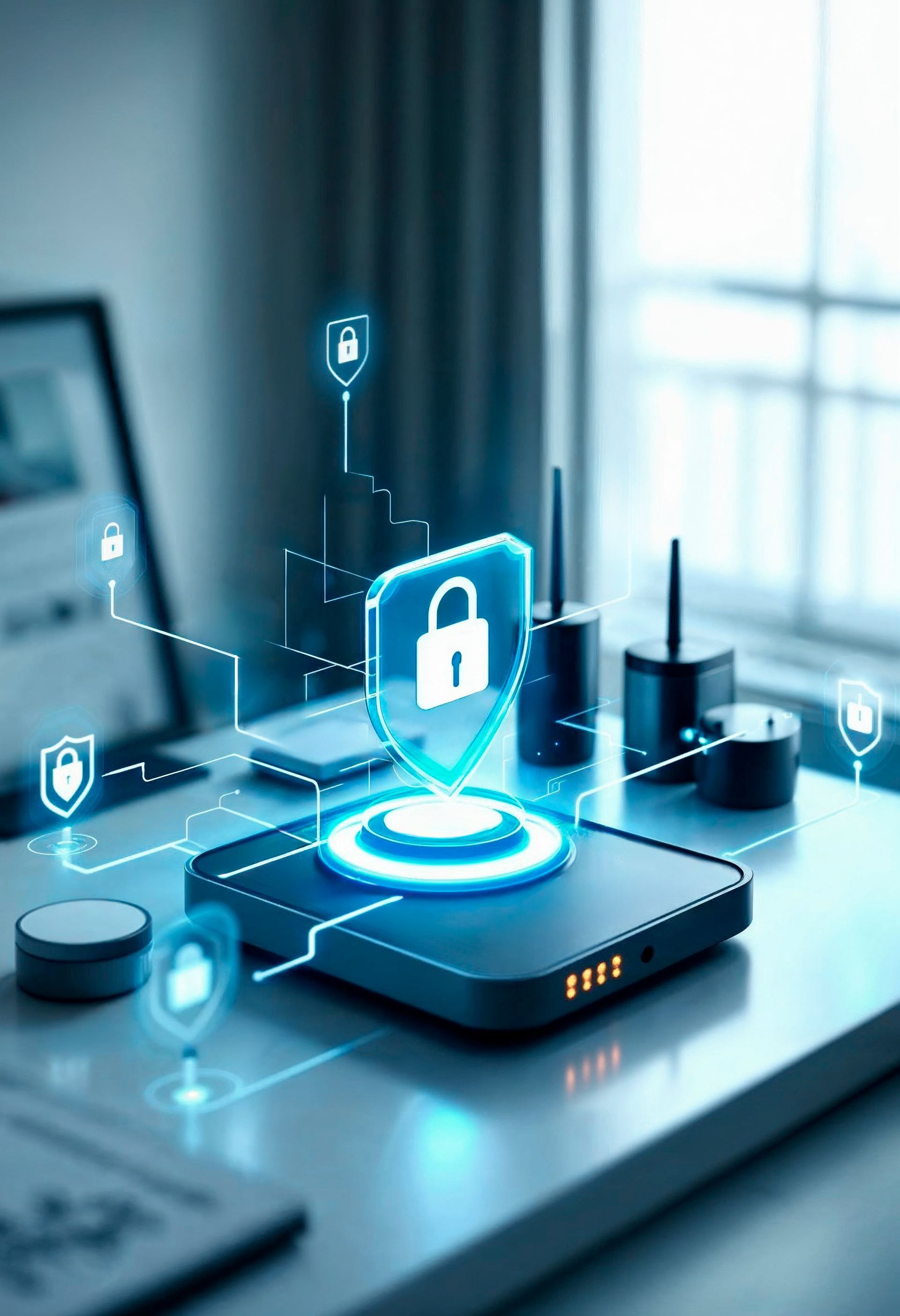 A poster for networking and cyber security with a woman sitting at a desk